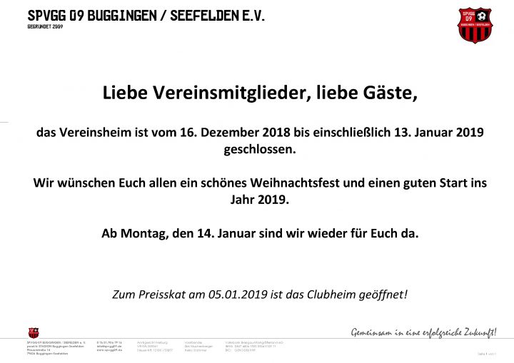 Info_Clubheim geschlossen 2018