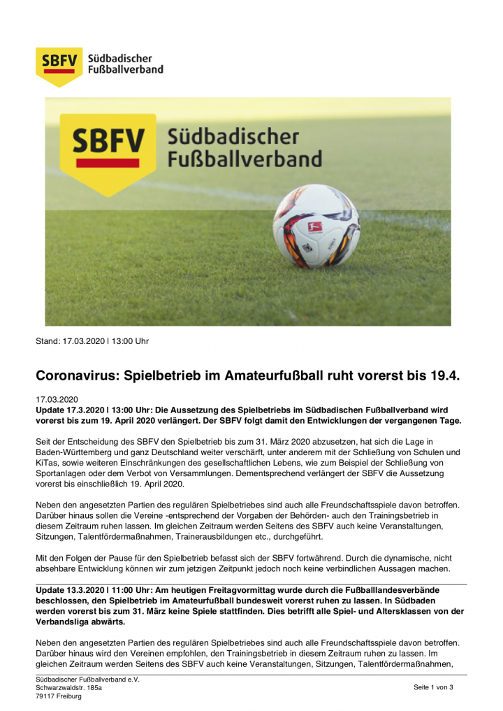SBFV - Coronavirus_ Spielbetrieb im Amateurfußball ruht vorerst bis 19.4. - 2020-03-20
