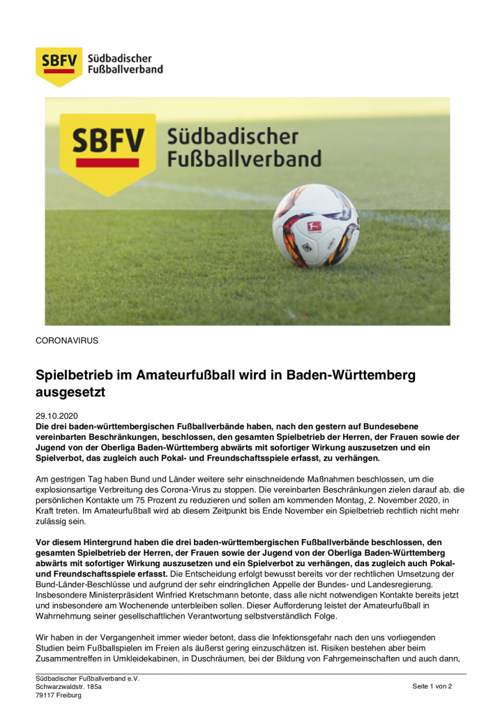 SBFV - Spielbetrieb im Amateurfußball wird in Baden-Württemberg ausgesetzt - 2020-10-29